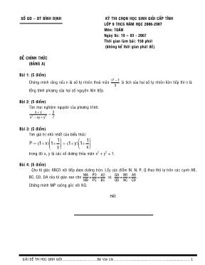 Đề thi chọn học sinh giỏi cấp tỉnh lớp 9 THCS năm học 2006-2007 môn Toán